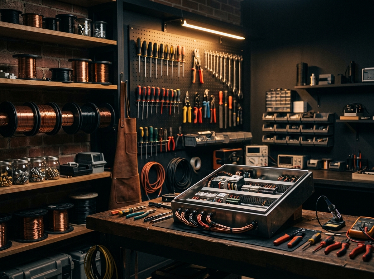 Atelier de Kieffer Électricité : outillage et tableau électrique en cours de câblage