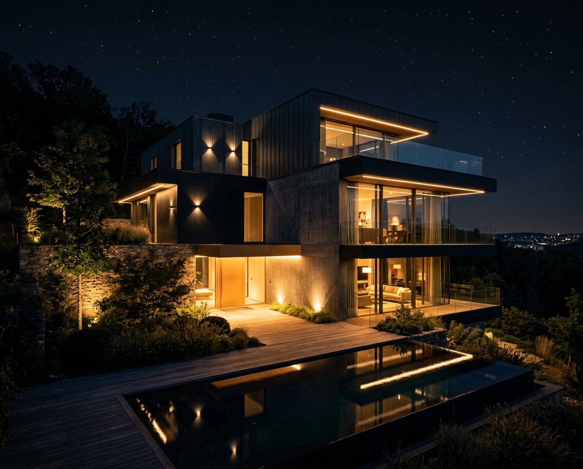 Villa moderne à Kirchberg éclairée le soir
